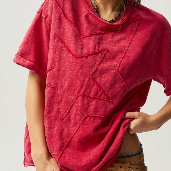 Red Casual Women's Star Pattern Round Neck Short Sleeve Loose Washing T-Shirt - Picture 1 of 7